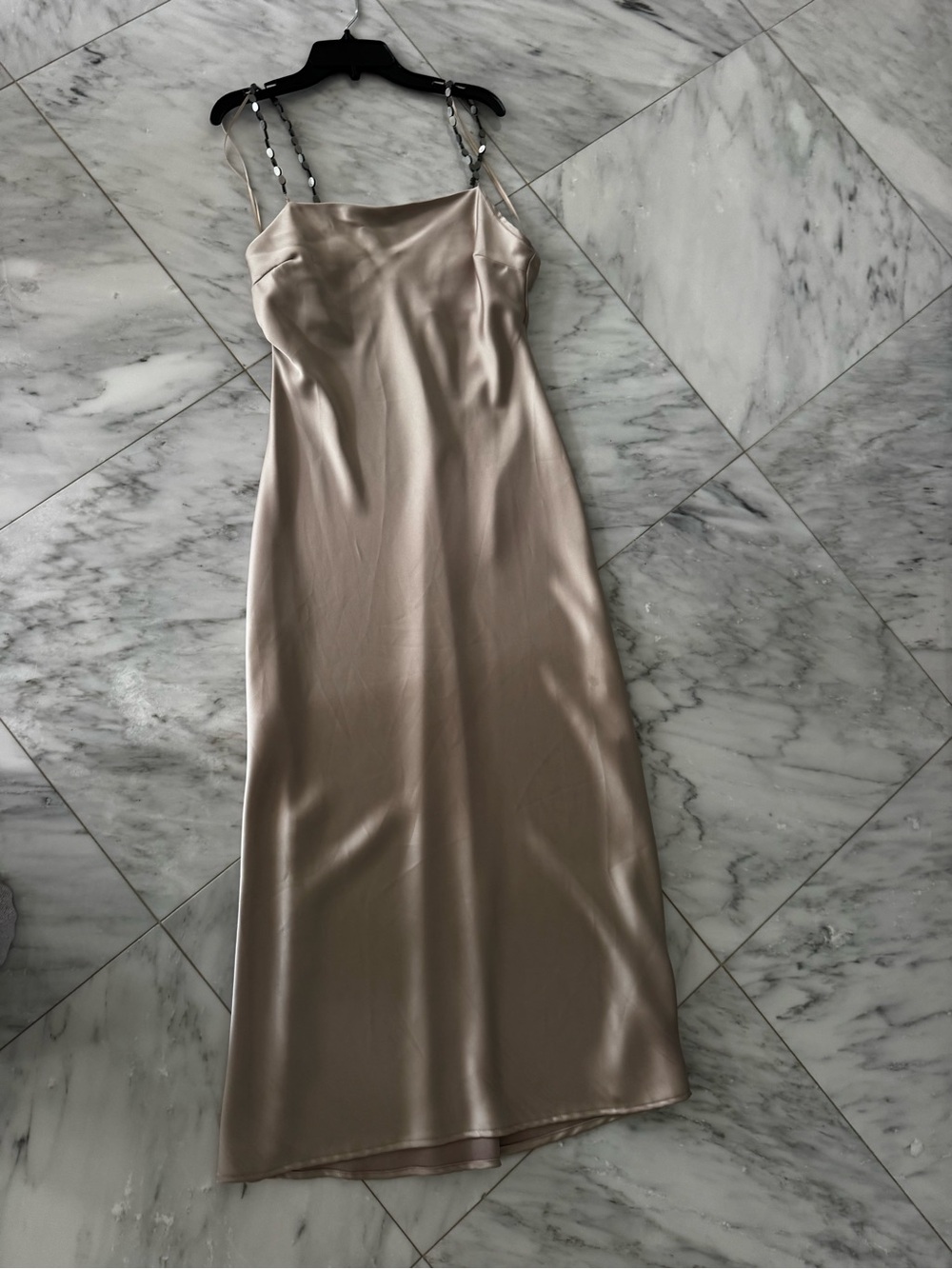 Zara Beige Satin Slip Dress with Beaded Straps